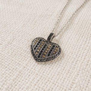 Rhinestone Black Gold Grey Studded Striped Heart Pendant Silver Chain Necklace